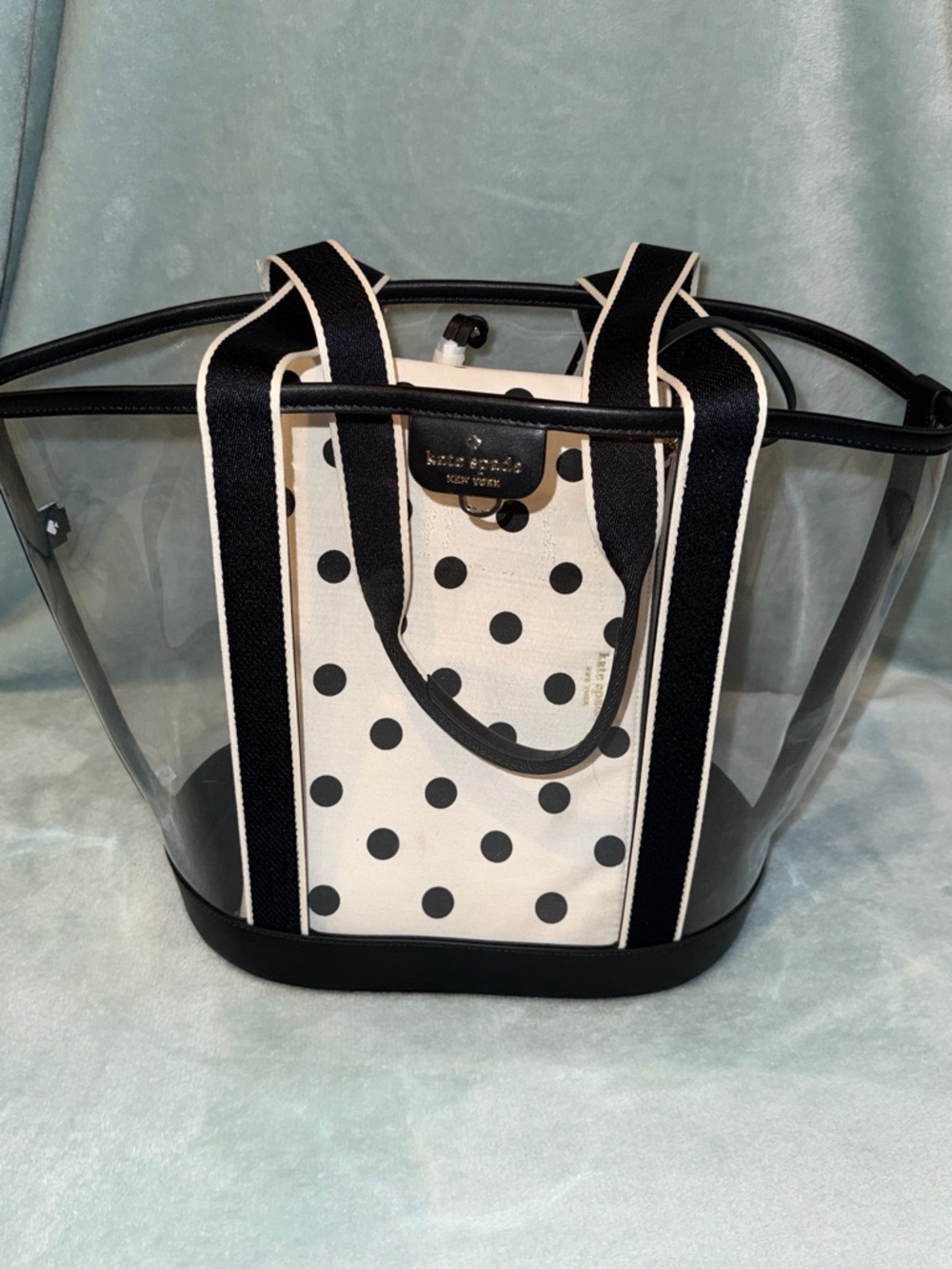 kate spade clear tote with black trim and polka dot pouch